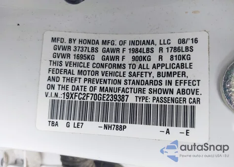2016 Honda Civic Ex from USA, damaged, VIN 19XFC2F70GE239387